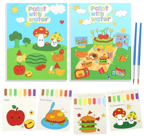 2 Packfarbe mit Wasser Malvorlagen Kit - Wasserfarbe Papierkunst und Kunsthandwerk für Kleinkinder Kinder im Alter 2 3 4 5 6 7 8 Jahre alt - Junge Dinosauriergeschenk ((Gemüse & Essen))