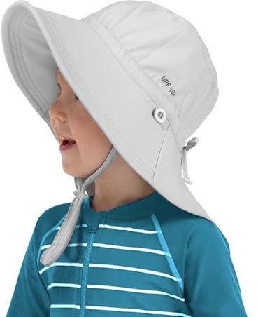 Creekstone Kleinkinder Sonnenhut mit Nackenschutz, LSF 50+, UV-Schutz Cap, Breite Krempe, Umkehrbar Sommer-Strandhut für Mädchen und Jungen (DE/NL/SE/PL, Alter, 1 Jahr, 3 Jahre, Grau)