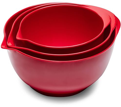 ZAROCRUS Rührschüssel-Set, 3-teilig, Melamin-Nistschalen mit Ausgießer, rutschfester Unterseite, ideal zum Vorbereiten, Backen, Mixen, Kochen, BPA-frei und spülmaschinenfest, Rot