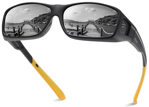 DUCO Herren und Damen Sonnenbrillen Polarisiert Unisex Brille UV400 Schutz Wrap Around Blendschutz Überbrille für Brillenträger Fit-over Polbrille (L Größe Schwarz Rahmen Gelb Temple Grau Linse)