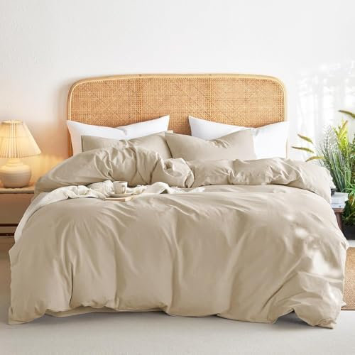 Lanqinglv Bettwäsche 135x200 Baumwolle Renforce Beige,Leinenoptik Baumwollbettwäsche mit Reißverschluss,ÖKO-TEX Bettwäsche für Allergiker Geeignet,1 Bettbezug & 1 Kissenbezug 80x80 cm