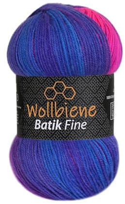 Wollbiene Batik Fine 100 Gramm Wolle mit Farbverlauf mehrfarbig Multicolor Strickwolle Häkelwolle (1530 lila blau neonpink)