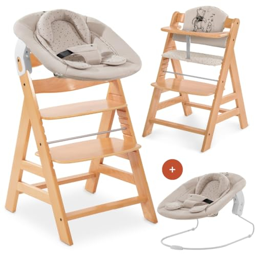 hauck Hochstuhl Alpha+ Newborn Set mit 2in1 Bouncer - Mitwachsender Holz Babyhochstuhl ab Geburt, inkl. Sitzauflage & Neugeborenenaufsatz - Natur | Winnie the Pooh