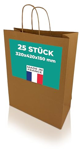 h-Green Papiertüten mit Henkel 320x420x150 mm (25 Stück), tragbare Tüten mit 7kg Tragfähigkeit, recycelbare Geschenktüten aus FSC® zertifiziertem Recycling-Kraftpapier, 100g/m², braun gerippt