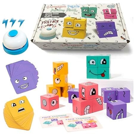 Face Changing Magic Cube Game,Wooden 3d Puzzle Face Changing Cube Game with Bell, Emoji Games Educational Puzzles Toy Board Games for Kids Christmas Birthday (A)