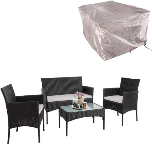 Outdoor Rattan Möbel Set 4-teiliges Terrassenset mit wasserdichter Abdeckung inklusive 2 Stühlen 2-Sitzer Sofa und Tisch mit Glasplatte ideal für den Innen- und Außenbereich (Schwarz)
