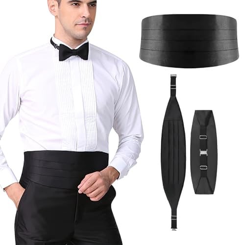 QTMMC Black Cummerbund for Men Suit Waistbands Men's Silk-Like Cummerbund Gentlemen Tuxedo Cumberband Pretied Adjustable for Proposal Wedding Banquet Work Business Occassions Dress Party