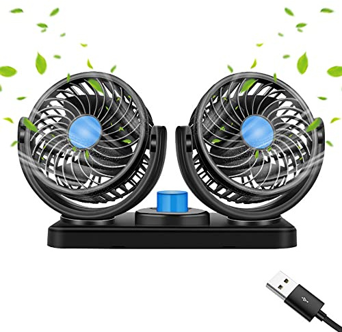 Gobesty Ventilatore per auto a doppia testa, USB, 5V, raffreddamento 360°, compatibile con aria condizionata, basso rumore