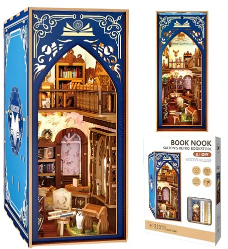 Malau – 3D Book Nook Puzzle aus Holz mit außergewöhnlichem Design und Licht – Miniaturhaus-Bausatz zum Selberbauen DIY Diorama für Bücherregal oder Schreibtisch Buch (Salton's Retro Bookstore)