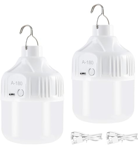 2PCS Lampadina da Lavoro a Sospensione, LULUWA 3 Modalità Lampadina Ricaricabile Luce Esterna per Tende Luci Di Emergenza Campeggio Con Gancio (500mAh-5x5x12cm)