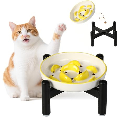 Ciotola Anti Ingozzamento Gatto Rialzata - Ciotola Ceramica con Supporto in Acciaio Inossidabile Antiscivolo - Scodella Cibo Gatti per Alimentazione Lenta - Giallo vivo