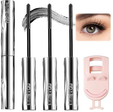 3 Stück Mascara Mit Metallbürste, Eiserne Mascara, Wimperntusche Metallbürste - Aufbiegen, Verdichten, Kein Verklumpen, Kein Verschmieren, Langanhaltender Effekt (Schwarz) Mit Pinker Wimpernzange