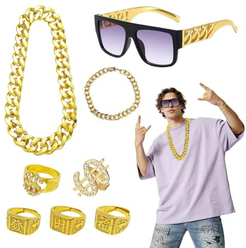 GYIOFAI 8 Stück Hip-Hop-Party-Dekorationen, Hip-Hop-Kostüm, 80er-90er-Jahre Hip-Hop-Kostüm, Rapper-Kostüm-Zubehör, Hip-Hop, gefälschte Dollar-Ringe, gefälschte Goldkette, Hippie-Brille