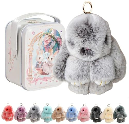 Porte-clés Lapin en Peluche, Adorable Porte-clés Lapin Tout Doux avec Boîte en Métal, Porte Clé Pâques Breloque Lapin pour Sacs, Cadeau de Pâques