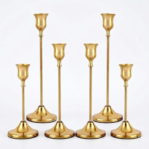 6 Pcs Gold Brass Taper Candle Holders Set – Vintage Metal Candlestick Holder for Table Centrepiece & Mantel Décor, Rustic Candle Sticks for Standard Taper Candles (Up to 0.8 Diameter)