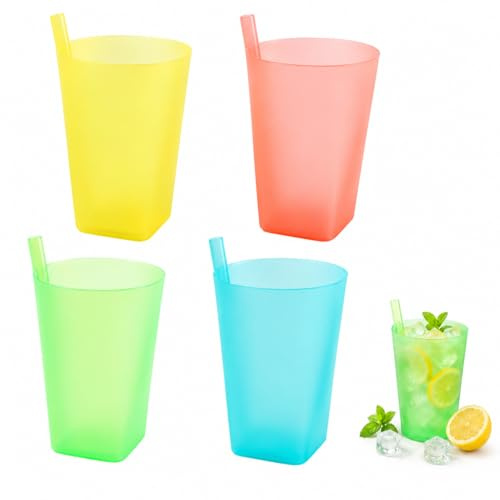dellyy 4 Pack Vasos con Pajita Integrados, 360ML 4 Colores Taza de Plástico con Pajita, Vasos conPajita Integrados Niños, VasosInfantiles Plastico conPajita for Daily Use
