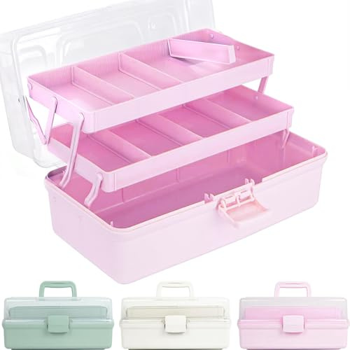Ccarzzi 3 Layer Storage Box with Compartments, Multipurpose Medicine Organizer Sewing Box Craft Storage Box with Lid and Handle, for Arts, Stationery, Medicine, Small Parts (Pink)