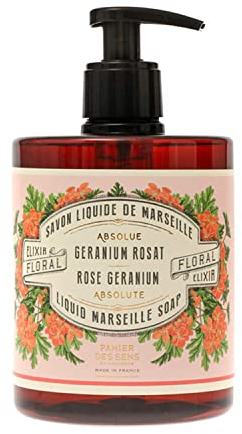 Panier des Sens – Marseille Seife flüssig Rosengeranien – 97% natürliche Inhaltsstoffe – Feuchtigkeit spendende Handseife flüssig mit Kokosnussöl - natürliche Seife aus Frankreich - 500ml