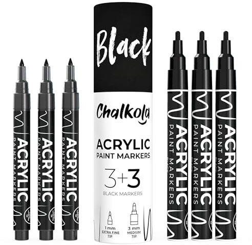 Chalkola Black Acrylic Paint pens (6 Pack) Variety Pack - Extra Fine (1mm) & Medium Tip (3mm) - Water based Paint Markers for Rock Painting, Stone, Ceramic, Glass, Wood, Canvas