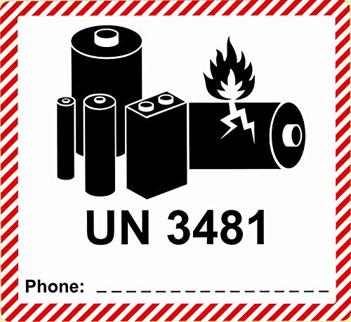 BT-Label 250 Gefahrgutetiketten UN 3481, 120 x 110 mm - Aufdruck: enthält Lithium-Ionen-Batterien, Akku - Transportaufkleber, Gefahrgutaufkleber selbstklebend