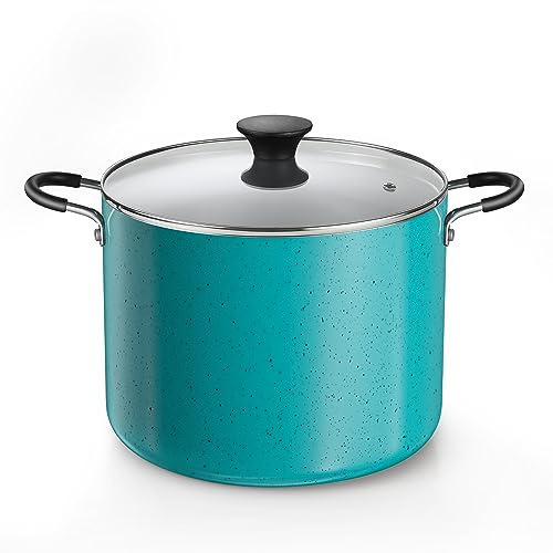 Cook N Home Suppentopf mit Deckel, Antihaftbeschichtung, 10,5 l, professioneller tiefer Kochtopf, Kochgeschirr, Einkochtopf mit Glasdeckel, Türkis