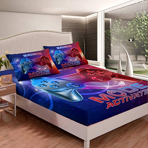 Gaming Bed Sheet Set Galaxy Nebula Blue Red Gradient Bed Sheets Kids Boys Video Game Gamepad Bedding Set Novelty Game Controller Fitted Sheet Bedroom Collection 3Pcs Double Size