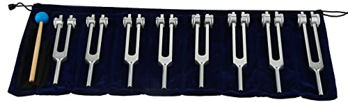 Dreld Solfeggio Stimmgabel Set 7 Chakra- und 1 Seelenzweck-Stimmgabel mit Silikonhammer Tasche Reinigungstuch für Heilung Klangtherapie Musikinstrument Ausgleich Vibration (Silber, 8 STK)