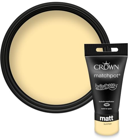 Crown WALLS & CEILINGS Yellow Matt Paint Tester Pot - Sample 40ml | Try Sunrise before you buy. See the true colour on your wall, in your own light. Low VOC, low odour, breatheasy