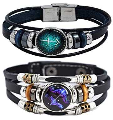 2Pcs Multilayer Constellation Zodiac Leather Bracelet Handmade Woven Zodiac Sign Wrap Bracelet Wristband for Women Men Jewelry Birthday Gift, 8.26 inches, 8.5 inches, Alloy, no gemstone