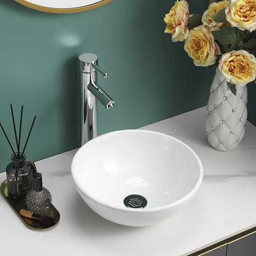 BELOFAY Modern Bathroom Basin Sink, Counter Top White Cloakroom Ceramic Basin for Bathroom, Vanity Cabinet, and Toilet (Round Without Over Flow)