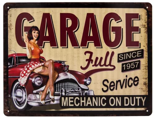 Mehr Relief-Schilder hier... Full Service Garage Werkstatt Retro Blechschild, Pin Up Girl Oldtimer Vintage Schild, Dekoration 33 x 25 cm, bunt