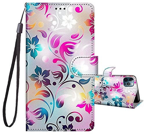 JRIANY for iPhone 12/12 Pro Case, PU Leather Wallet Case with Cute Pattern [Card Holder] [Kickstand], iPhone 12 Pro Flip Case, Shockproof Cover Compatible with Apple iPhone 12/12 Pro, Flower B