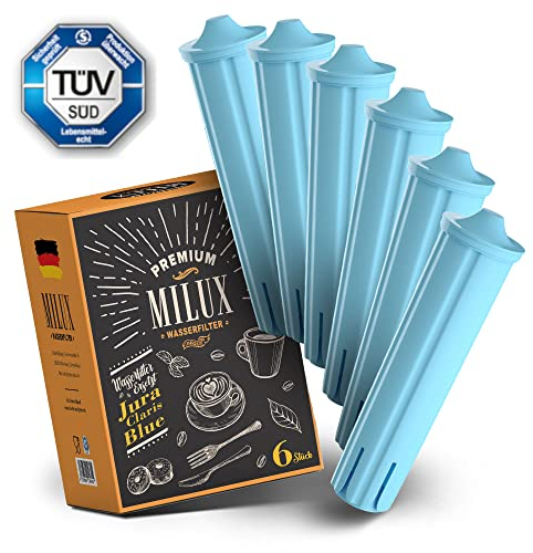 MILUX Filterpatrone für Jura als Ersatz für Claris Blue Wasserfilter 6er Set - TÜV-zertifiziert, schadstofffrei & BPA-frei - ersetzt nur blaue Filter der Blue-Reihe - Nicht für E8 geeignet
