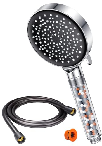 YEAUPE Pommeau de douche économiseur d'eau avec tuyau 1,6 m Pomme de douche à économie d'eau avec filtre Économie d'énergie et augmentation de la pression Avec 6 types de jets Chromé 7,5 L/min Gris