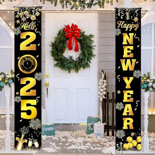 Neujahr Dekoration, 2 Stücke Frohes Neues Jahr Tür Banners, Silvester Deko 2026, Happy New Year Banner, Gold Neujahr Banne, Neues Jahr Deko, Silvester Banner für Silvesterparty Dekoration