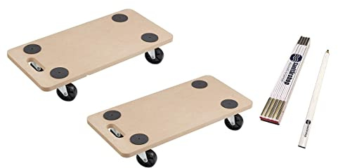 Sanitärshop Baustoffe & Sanitär Set: 2 Stück Rollbrett Transportroller Möbelroller - Traglast 200kg - mit 4 Antirutschpads - 590 x 290 mm - gratis Zollstock + Bleistift