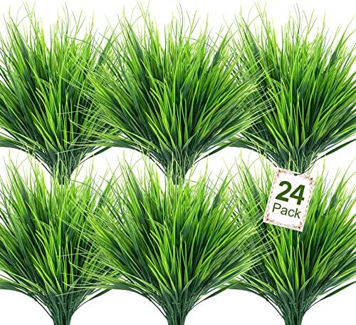 Ouddy Decor 24 Pcs Artificial Plants Outdoors Fake Greenery Stems, Green
