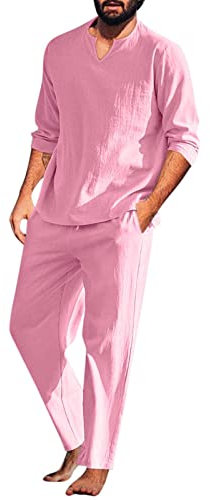 Beokeuioe Pyjama à manches longues en coton et lin pour homme avec col en V pour homme - Ensemble de pyjama deux pièces - Rétro à manches longues, B rose., XXL