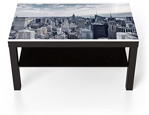DEQORI Glastisch | schwarz groß 90x50 cm | Motiv Blaue Skyline New York | ausgefallener Beistelltisch aus Glas | Hochglanz Couchtisch fürs Wohnzimmer | moderner Couch Tisch mit Design