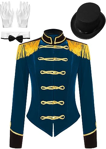iEFiEL Damen Samt Blazer Vintage Jäckchen Kurzjacke Zirkus Kostüm Set mit Hut und Handschuhe Showman Kostüme für Karneval Cosplay Faschingskostüm Dunkelblau XXL