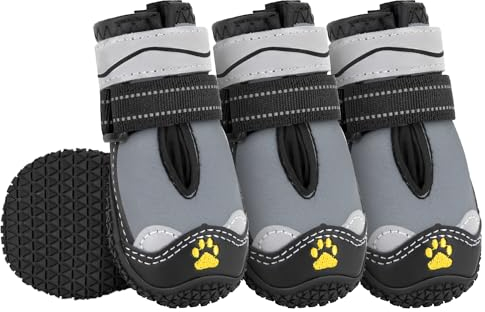 Eyein Hundeschuhe Pfotenschutz, 4 Stück Wasserabweisend Hundeschuhe mit Rutschfester Sohle und reflektierendem Klettverschluss für kleine, mittlere und große Hunde, Sport im Freien, Grau, Größe 4