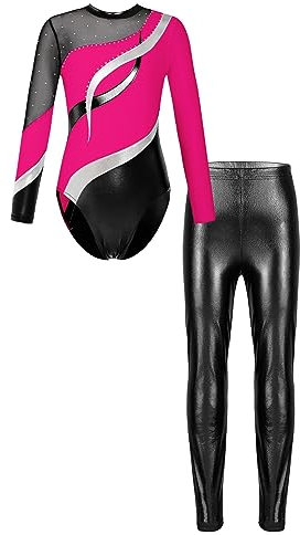 iEFiEL Mädchen Turnanzug Langarm Gymnastikanzug Langarm Leotard Metallic Tanzbody Glänzende Leggings Lang Sporthosen Hellrosa + Schwarz 146-152