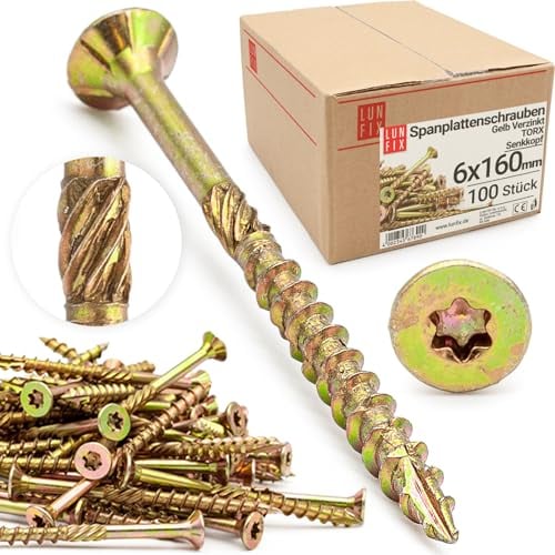 Lun Fix Lot de 100 vis pour panneaux d'aggloméré 6,0 x 160 mm | TX30 (étoile I) – Nervures de fraisage | Galvanisé jaune | Vis Torx | Vis à bois | Vis universelles | Vis à tête fraisée
