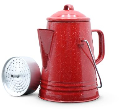 Grip Percolateur à café (rouge) – Acier émaillé émaillé durable – Préparez le café sur le feu – Camping, randonnée, pêche, chasse – (8 tasses)