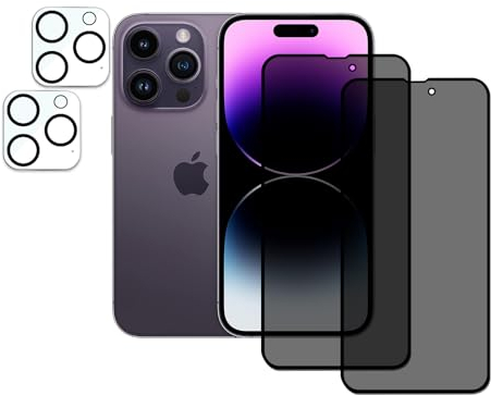 2 Stück Sichtschutz für iPhone 14 Pro mit 2 Stück Kameraschutz, Anti-Spähen Privatsphäre Schutzfolie,Anti-Spy Panzer Schutz Glas Folie, HD Blickschutzfolie, 9H Härte, Anti-Kratzer