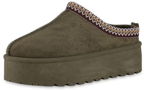 VAN HILL Damen Pantoffeln Plateau Prints Bequem Schuhe 214119 Olivgrün 36