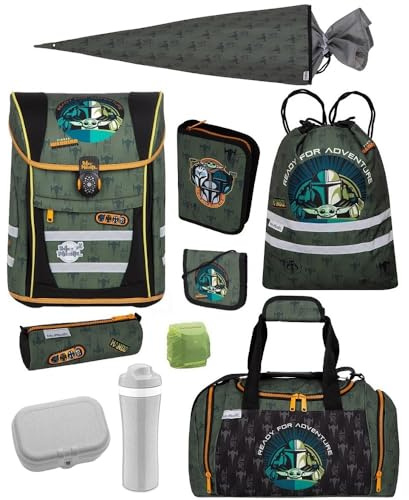 Familando - McNeill Teneris Schulranzen Set - 10-teilig mit Schultüte - Star Wars Mandalorian - Ergonomisch & Verstellbarer Brustgurt - 980g leicht mit 18L Volumen & Reflektoren - ab 1. Klasse