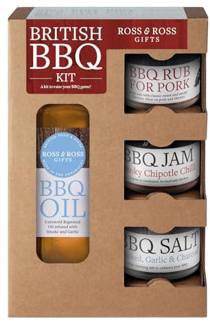 Ross & Ross Gifts - British BBQ Quad Kit, Containing Original BBQ Oil, 250ml, BBQ Rub, 50g, Smoky Chipotle BBQ Jam, 50g and BBQ Salt, 50g