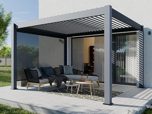 Pérgola Autoportante Bioclimática de Aluminio 12m² - Persiana Lateral 3x4m Incluida - Antracita - 24 Lamas de Acero Galvanizado Inclinable 90 Grados