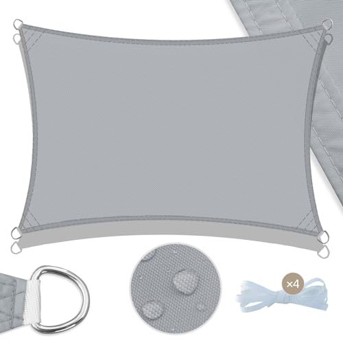 UMI Sonnensegel Wasserdicht 2.5x4m Rechteckig Sonnenschutz Wetterschutz PES Polyester Segel Baldachin 98% UV Schutz mit Seilen für Garten Balkon Terrasse- Hellgrau
